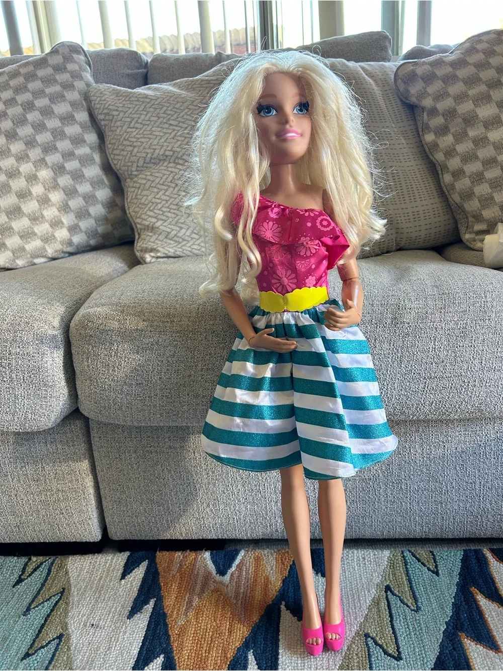 Barbie Fashion Doll Outfit Set - Pink Top with Teal and White Striped Skirt 28”